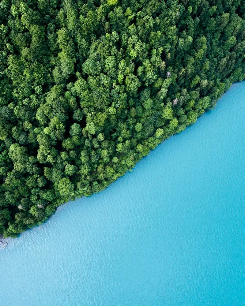 Aerial view of estate land beside water