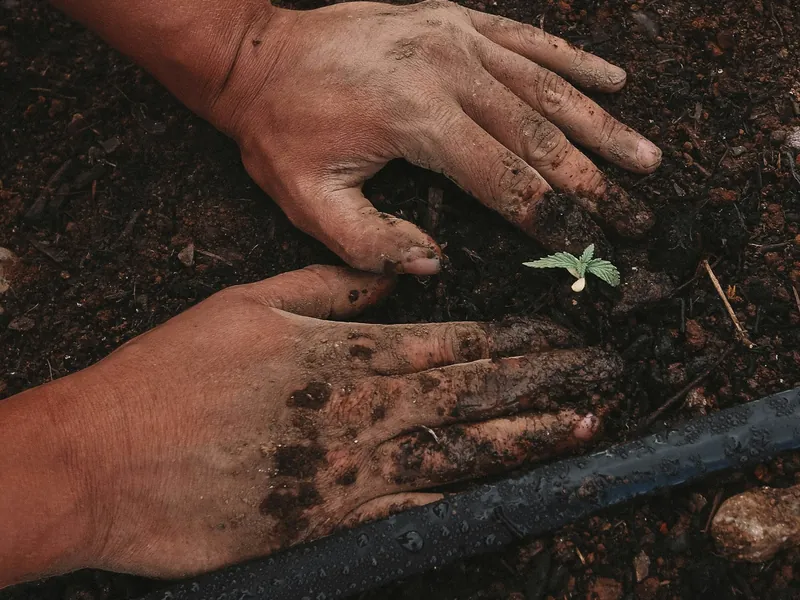 Hands working soil during estate maintenance